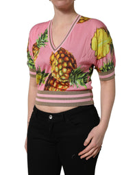 Dolce & Gabbana Pink Pineapple Vneck Short Sleeve Cropped Women's Top