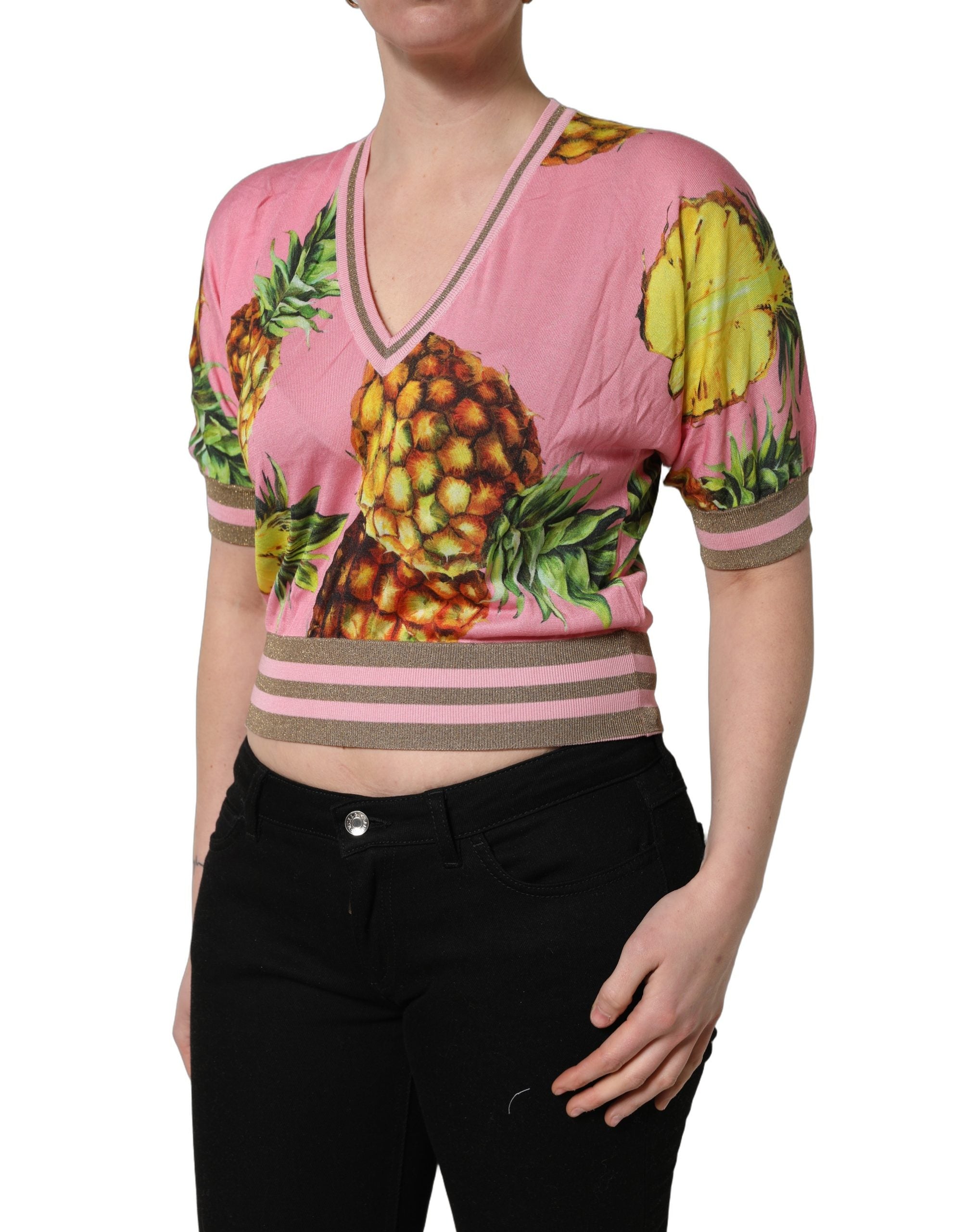Dolce & Gabbana Pink Pineapple Vneck Short Sleeve Cropped Women's Top