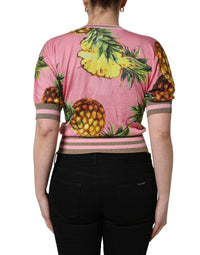Dolce & Gabbana Pink Pineapple Vneck Short Sleeve Cropped Women's Top