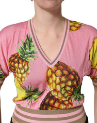 Dolce & Gabbana Pink Pineapple Vneck Short Sleeve Cropped Women's Top