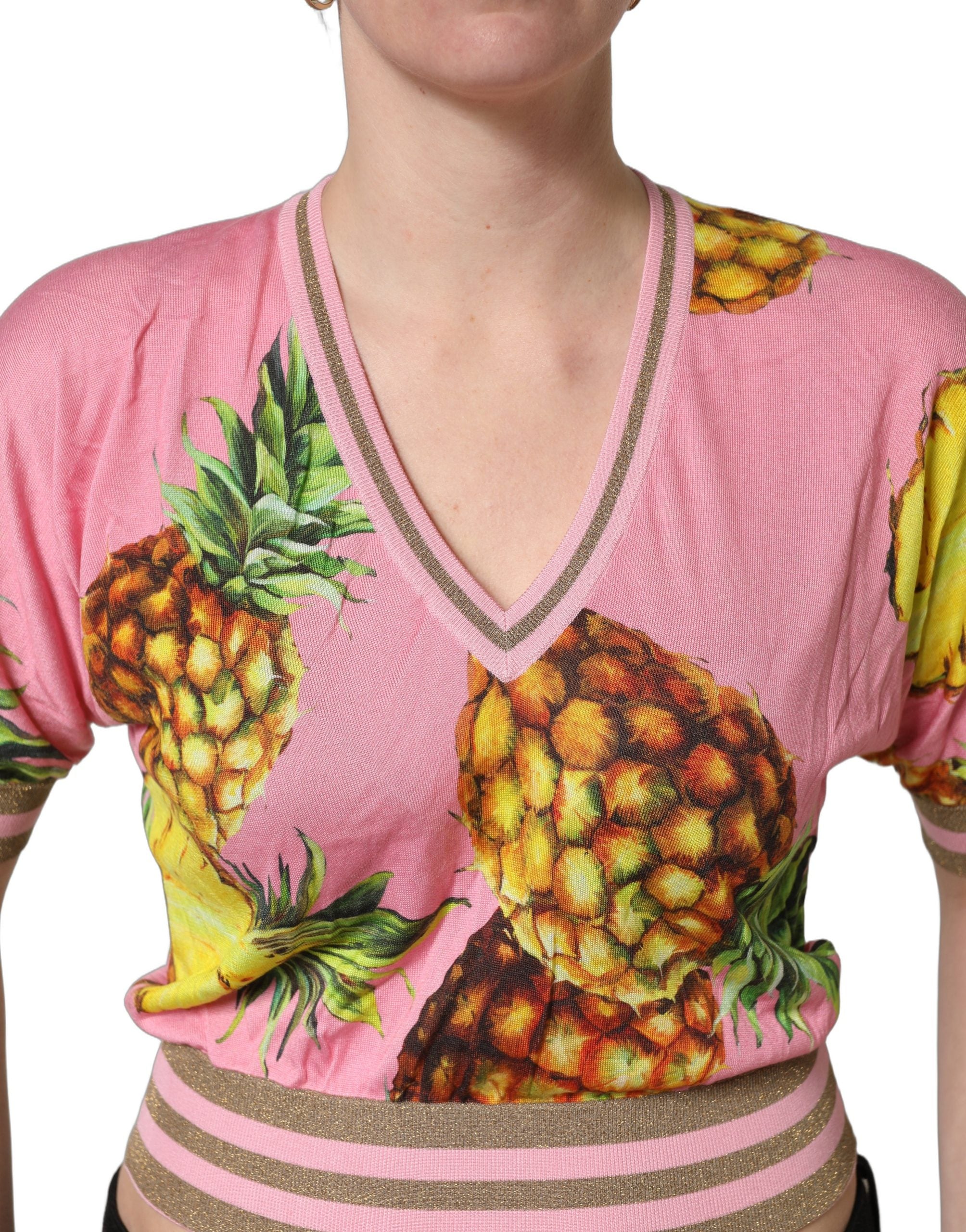 Dolce & Gabbana Pink Pineapple Vneck Short Sleeve Cropped Women's Top
