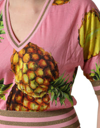 Dolce & Gabbana Pink Pineapple Vneck Short Sleeve Cropped Women's Top