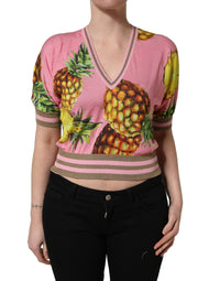 Dolce & Gabbana Pink Pineapple Vneck Short Sleeve Cropped Women's Top