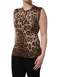 Dolce & Gabbana Brown Leopard Crew Neck Sleeveless Tank Women's Top