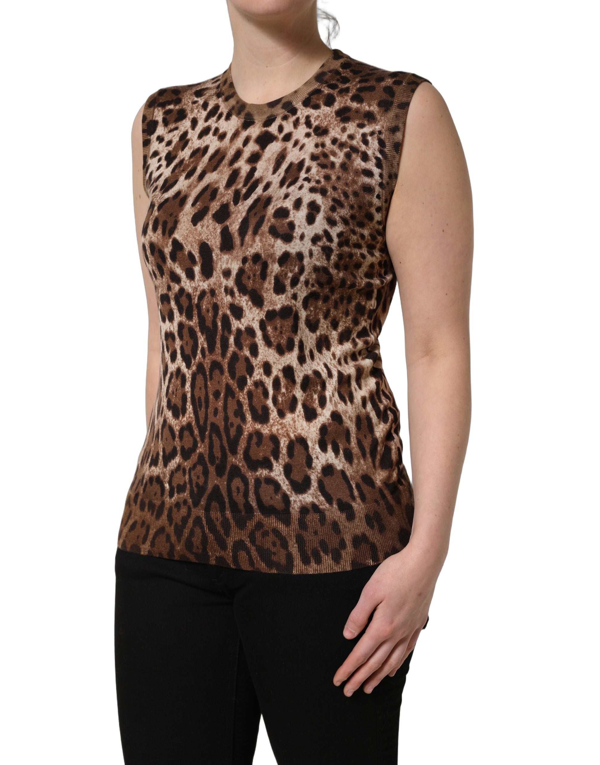 Dolce & Gabbana Brown Leopard Crew Neck Sleeveless Tank Women's Top