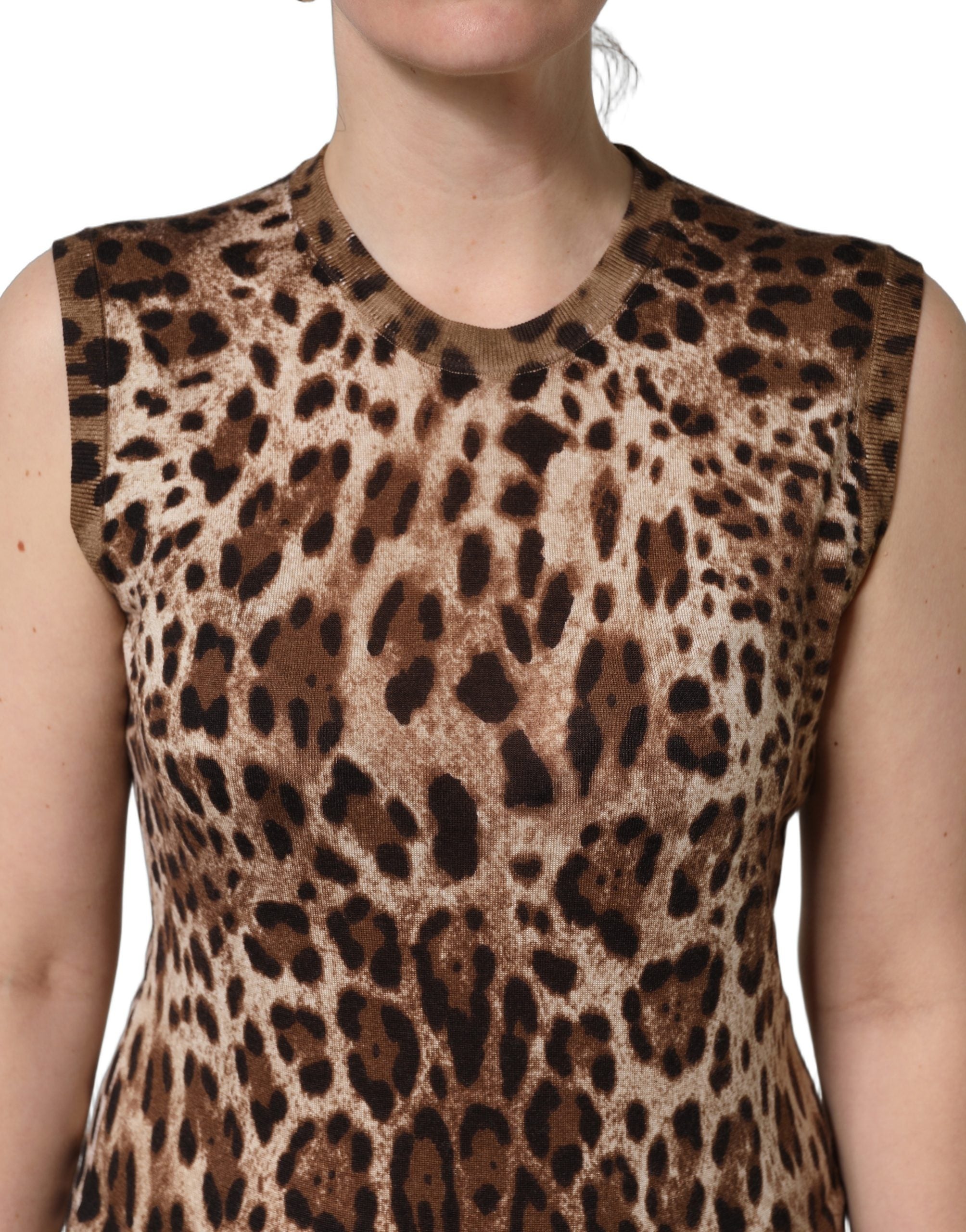 Dolce & Gabbana Brown Leopard Crew Neck Sleeveless Tank Women's Top