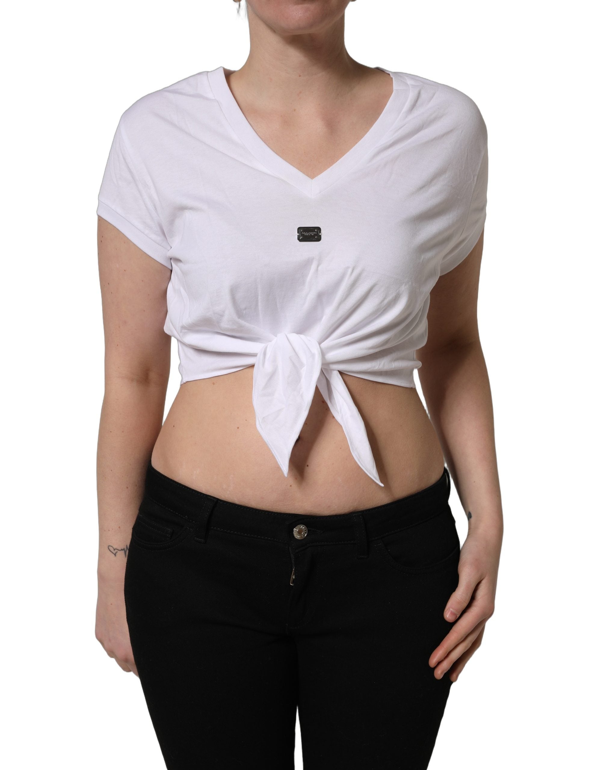 Dolce & Gabbana White Logo Embroidered TieWaist Cropped Women's Top