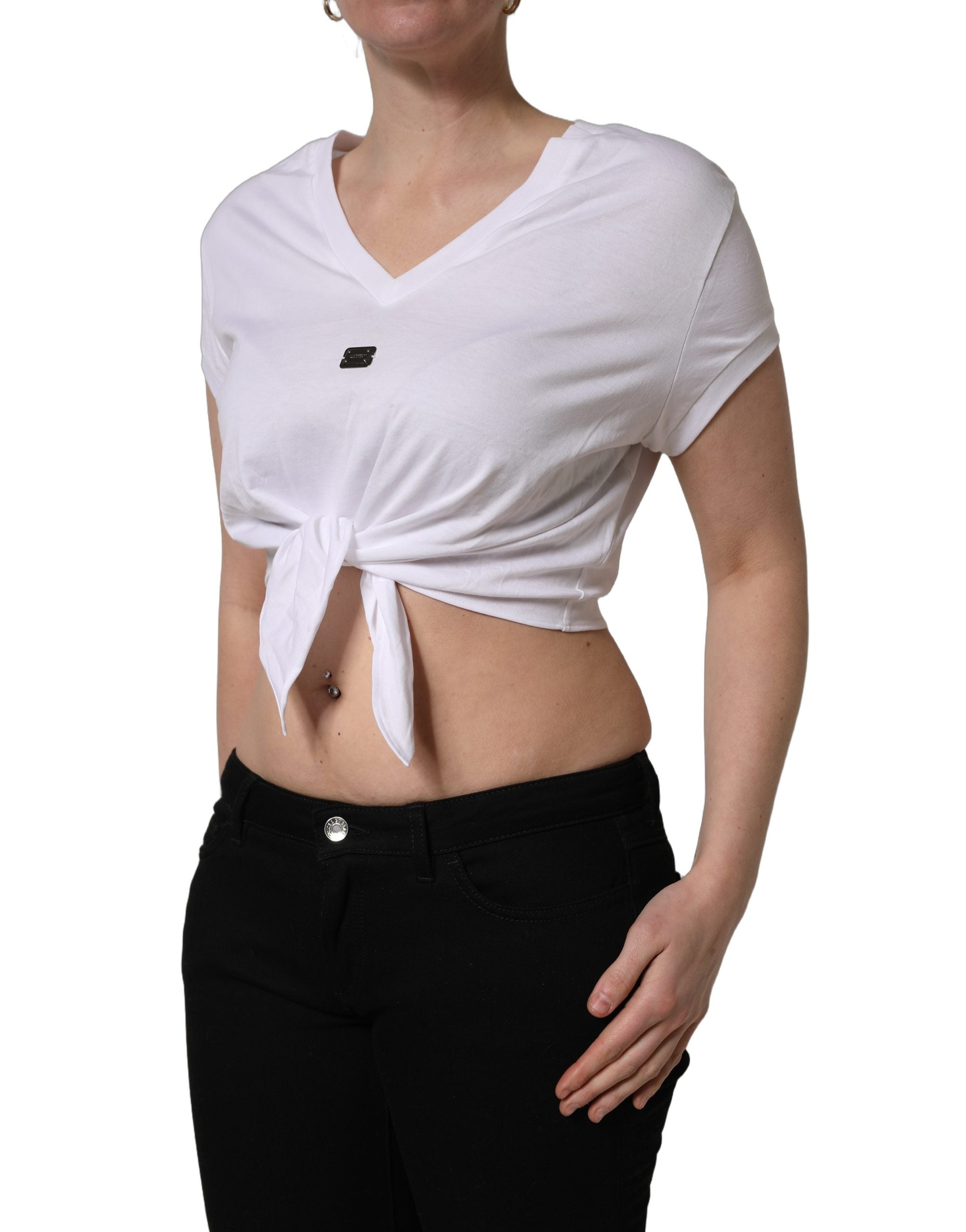 Dolce & Gabbana White Logo Embroidered TieWaist Cropped Women's Top