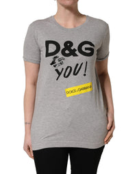 Dolce & Gabbana Gray Cotton Logo Printed Crew Neck Women's T-shirt