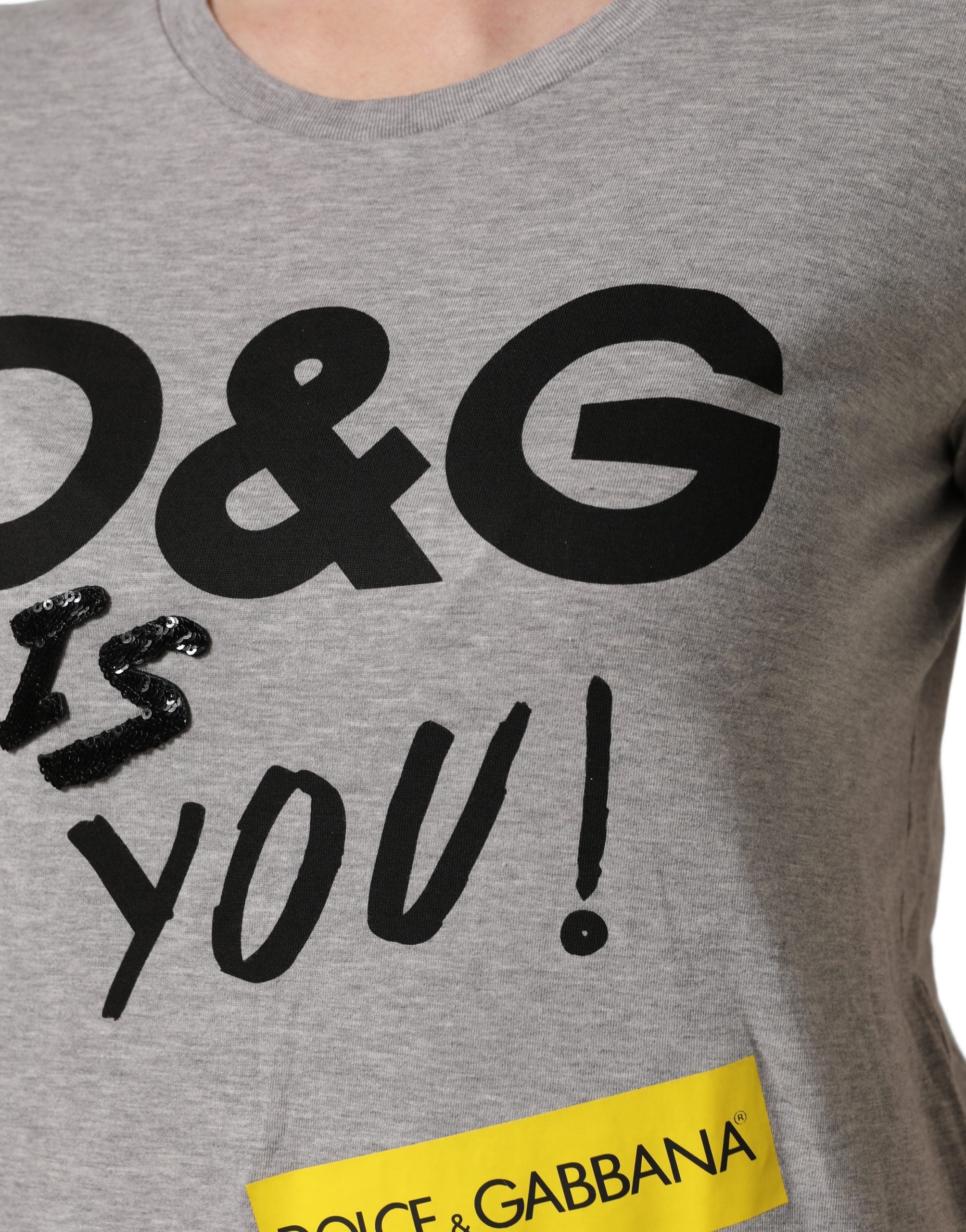 Dolce & Gabbana Gray Cotton Logo Printed Crew Neck Women's T-shirt