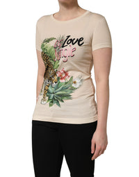 Dolce & Gabbana Beige Jungle Print Cotton Round Neck Women's T-Shirt