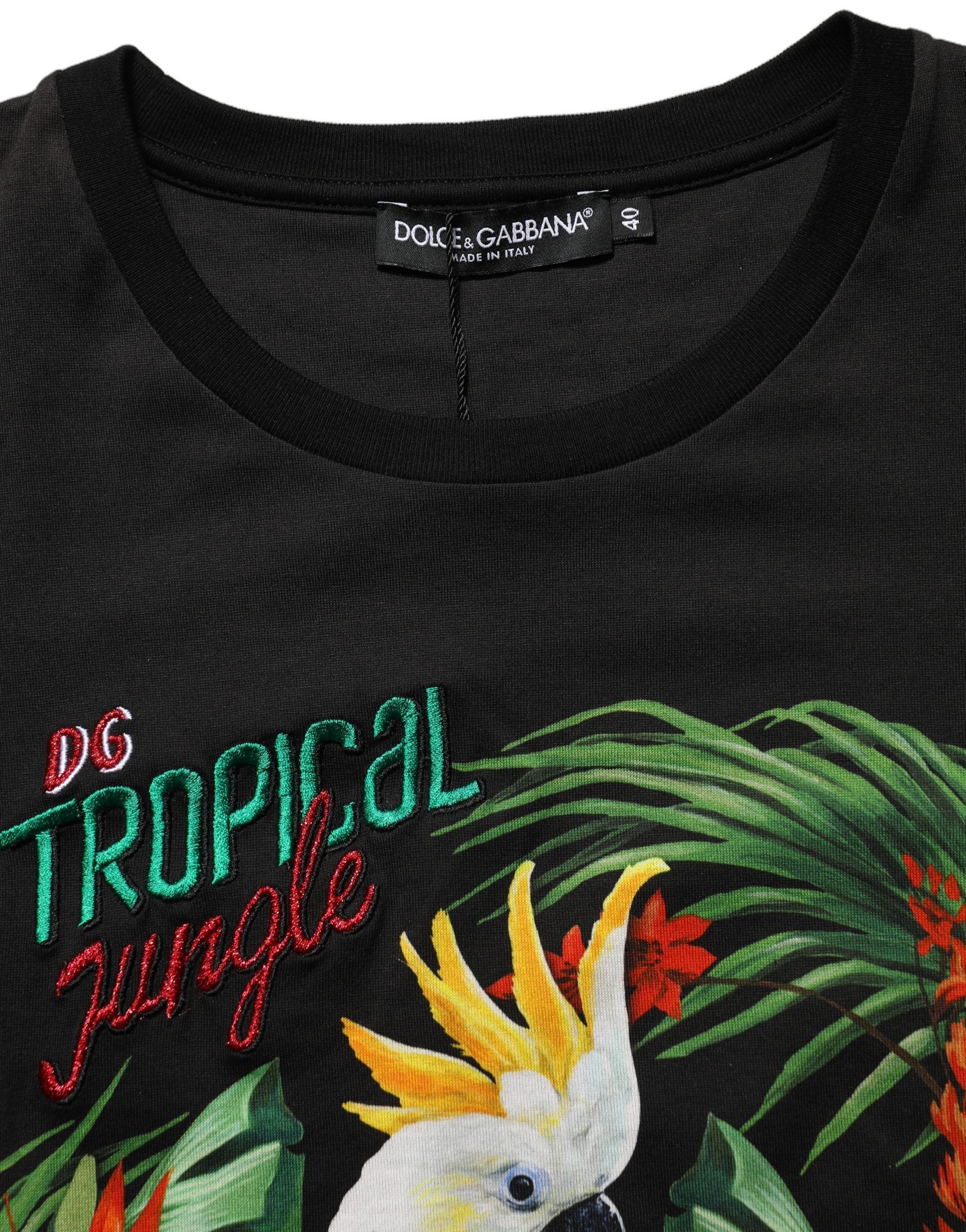 Dolce & Gabbana Black Tropical Print Cotton Round Neck Women's T-Shirt