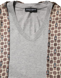 Dolce & Gabbana Gray Cotton V-neck Owl Silk Scarf Top Women's T-shirt