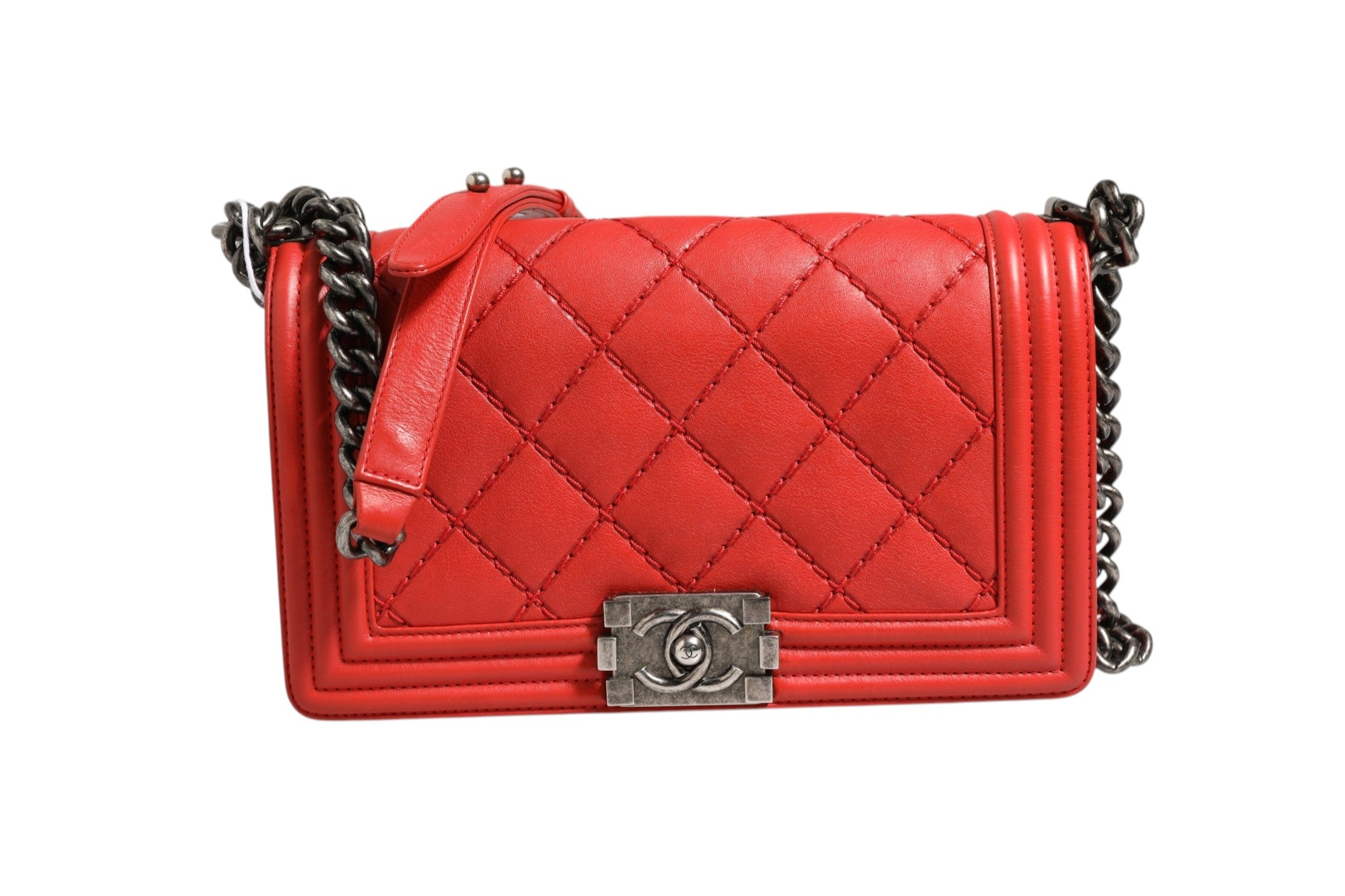 Chanel Red Diamond Stitch Calfskin Leather New Medium Boy Women's Bag (Authentic Pre-Loved)