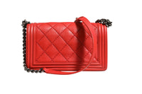 Chanel Red Diamond Stitch Calfskin Leather New Medium Boy Women's Bag (Authentic Pre-Loved)