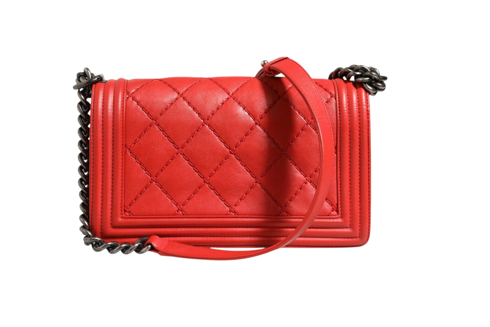 Chanel Red Diamond Stitch Calfskin Leather New Medium Boy Women's Bag (Authentic Pre-Loved)