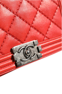 Chanel Red Diamond Stitch Calfskin Leather New Medium Boy Women's Bag (Authentic Pre-Loved)