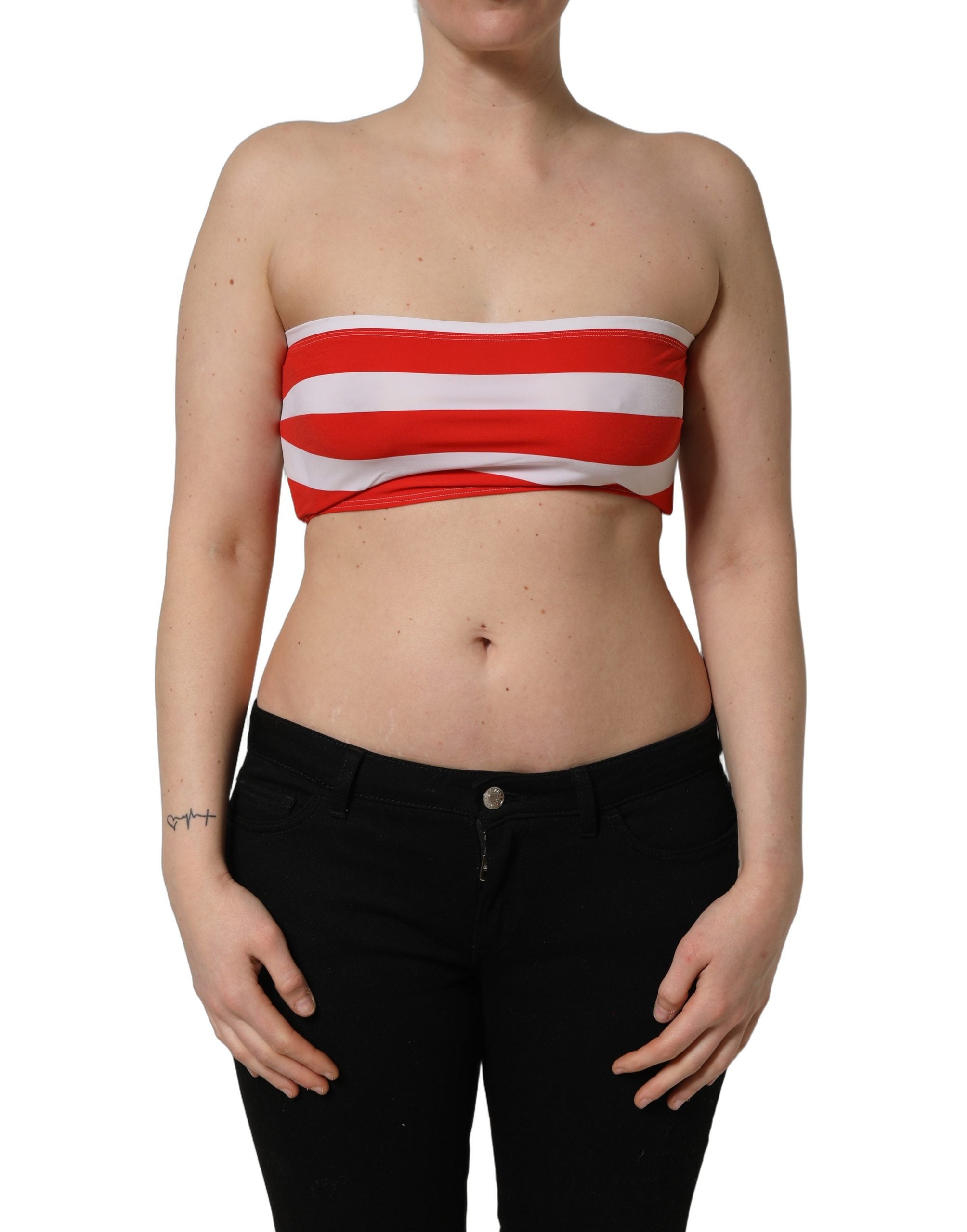 Dolce & Gabbana White Red Nylon Striped Ribbed Tube Crop Women's Top