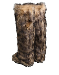Dolce & Gabbana Brown Faux Skim Ski Fur Knee High Boots Men's Shoes