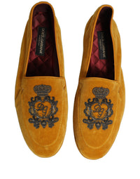 Dolce & Gabbana Yellow Velvet Crown Embroidery Loafers Men's Shoes