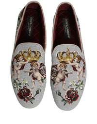 Dolce & Gabbana Gray Crown Rose Angel Embroidery Loafer Men's Shoes