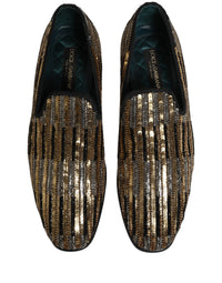 Dolce & Gabbana Gold Striped Sequin Embellished Loafer Men's Shoes