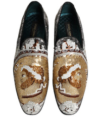 Dolce & Gabbana White Gold Sequined Slip On Loafers Men's Shoes