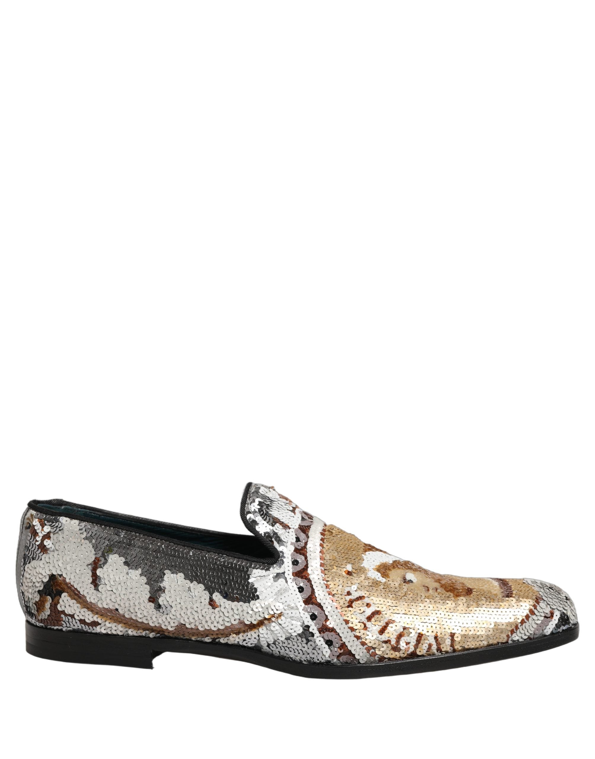 Dolce & Gabbana White Gold Sequined Slip On Loafers Men's Shoes