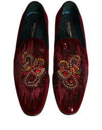 Dolce & Gabbana Maroon Sequin Gemstone Dress Loafers Men's Shoes
