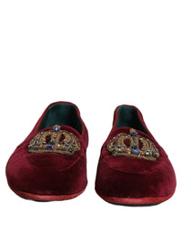 Dolce & Gabbana Burgundy Velvet Crown Slip On Loafers Men's Shoes