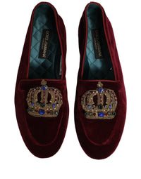 Dolce & Gabbana Burgundy Velvet Crown Slip On Loafers Men's Shoes