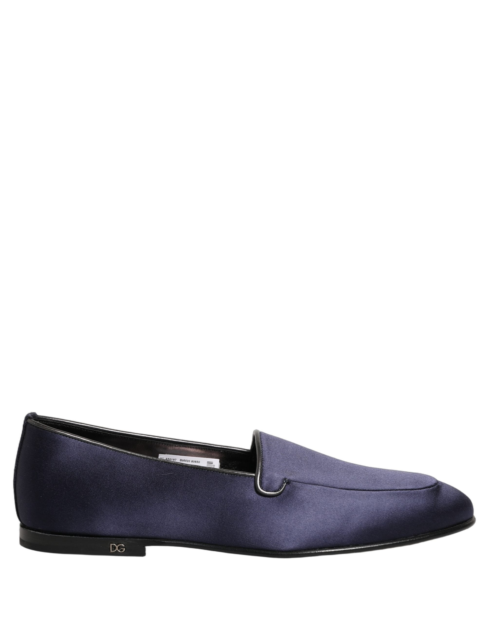 Dolce & Gabbana Blue Satin Logo Slip On Flats Loafers Men's Shoes