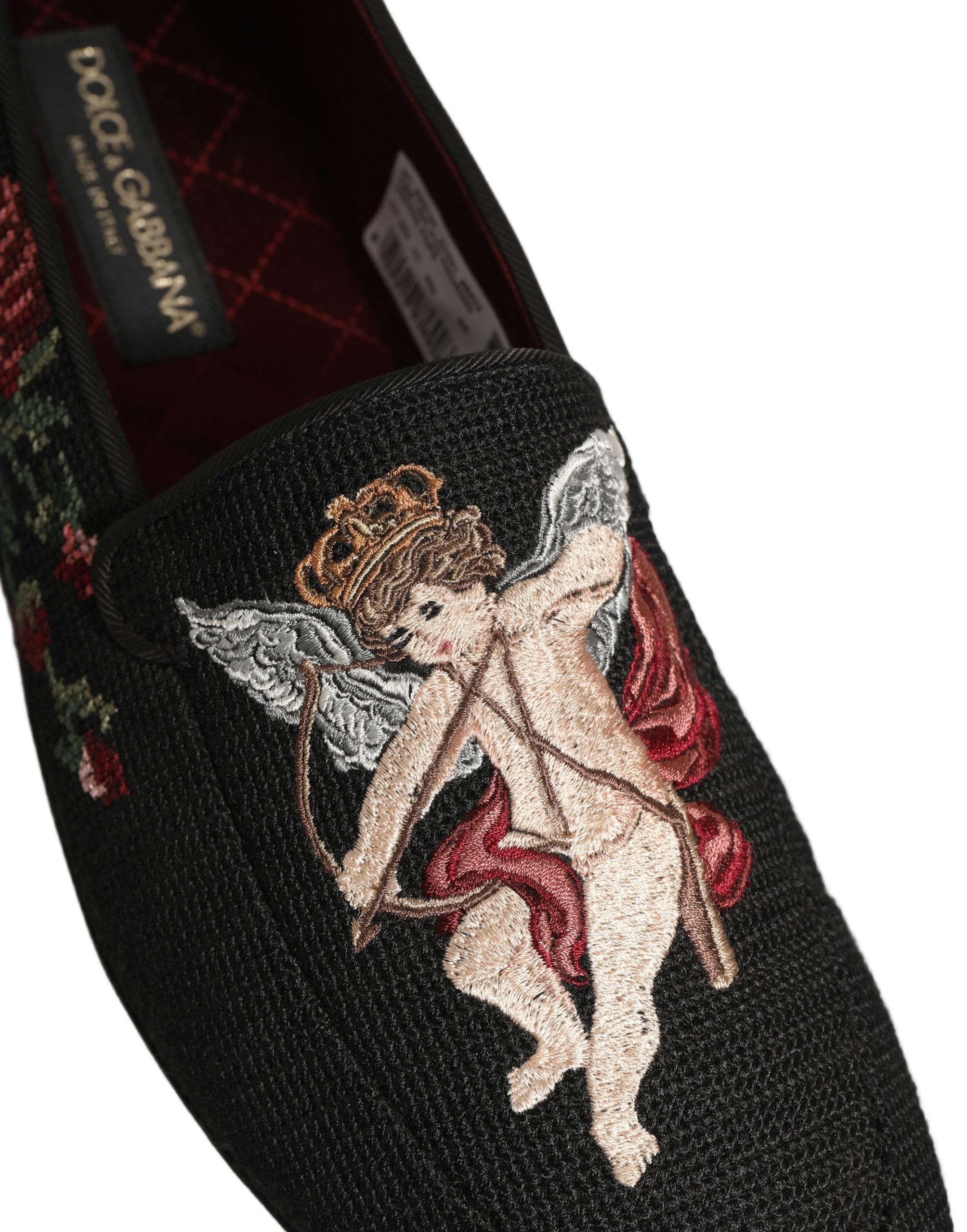 Dolce & Gabbana Black Baroque Angel Crown Rose Loafers Men's Shoes