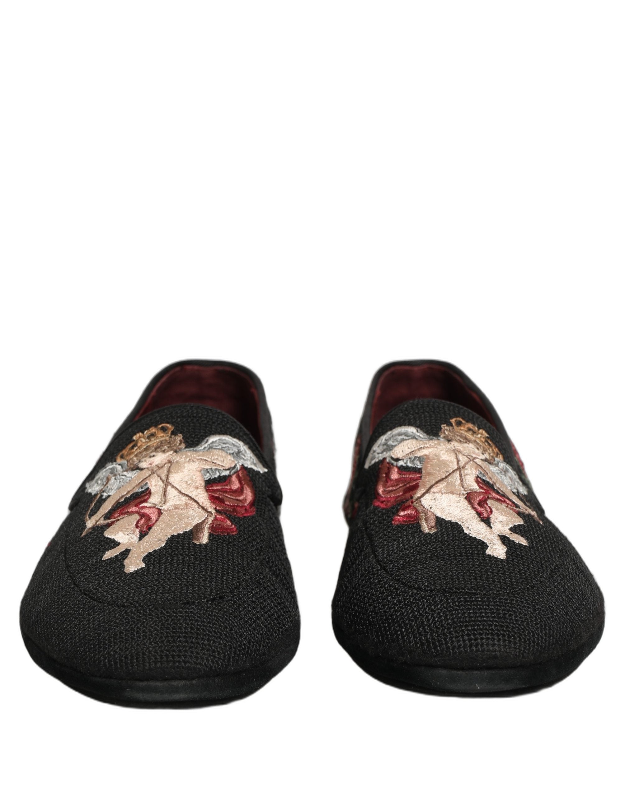 Dolce & Gabbana Black Baroque Angel Crown Rose Loafers Men's Shoes