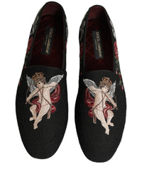 Dolce & Gabbana Black Baroque Angel Crown Rose Loafers Men's Shoes