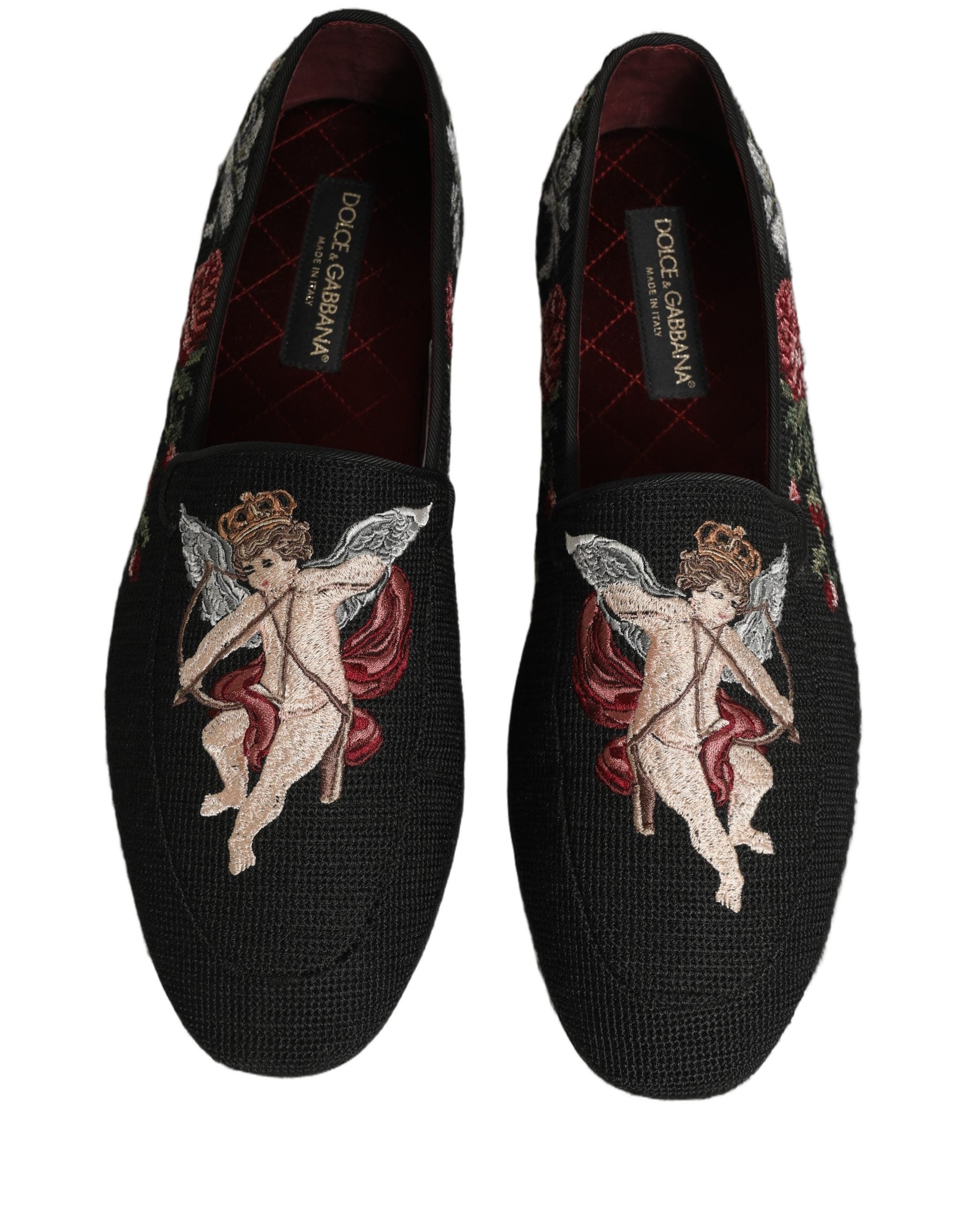 Dolce & Gabbana Black Baroque Angel Crown Rose Loafers Men's Shoes