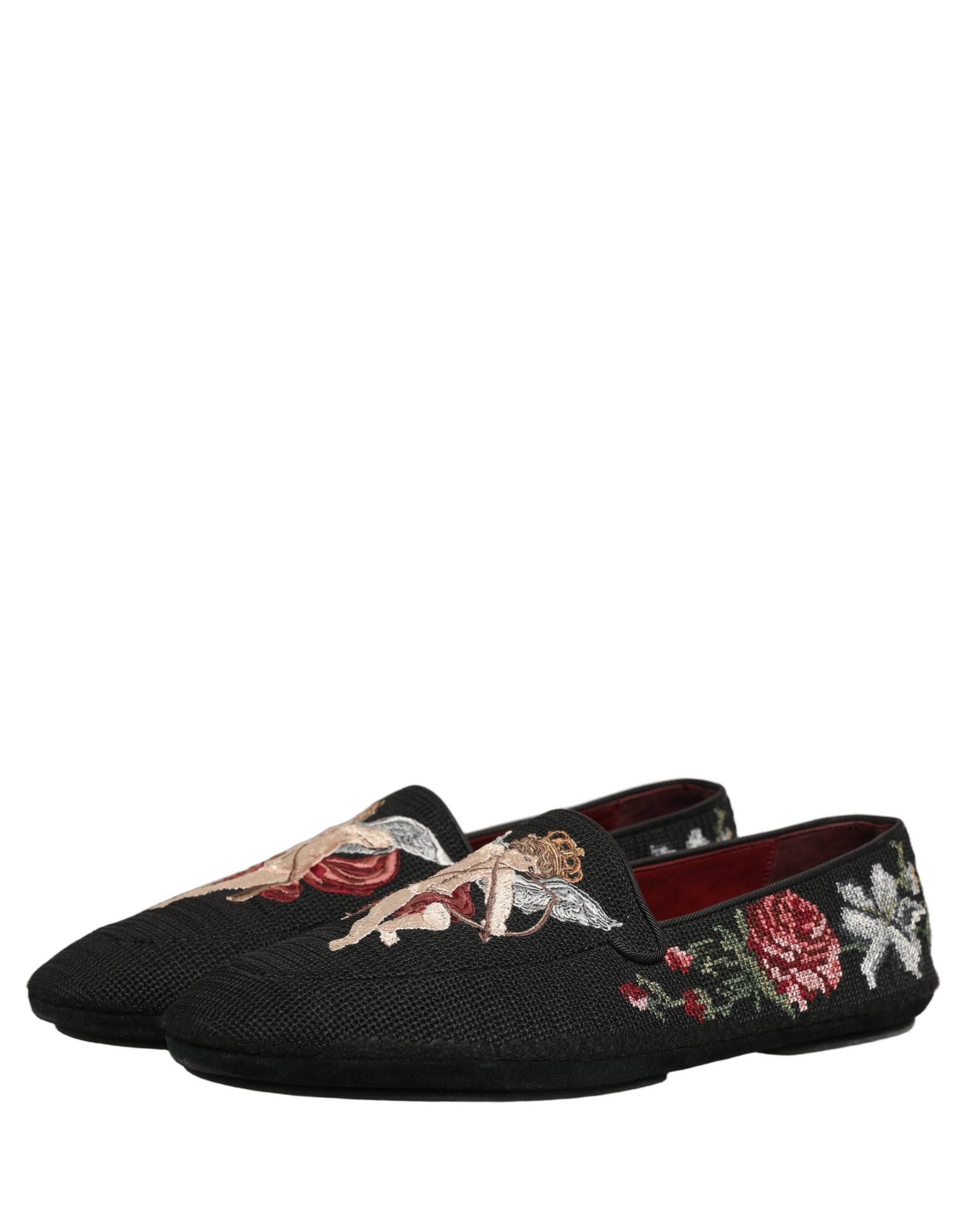 Dolce & Gabbana Black Baroque Angel Crown Rose Loafers Men's Shoes