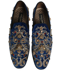 Dolce & Gabbana Blue Velvet Embellished Dress Loafers Men's Shoes