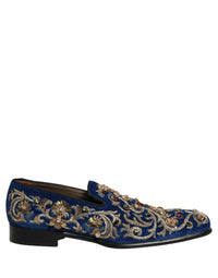 Dolce & Gabbana Blue Velvet Embellished Dress Loafers Men's Shoes