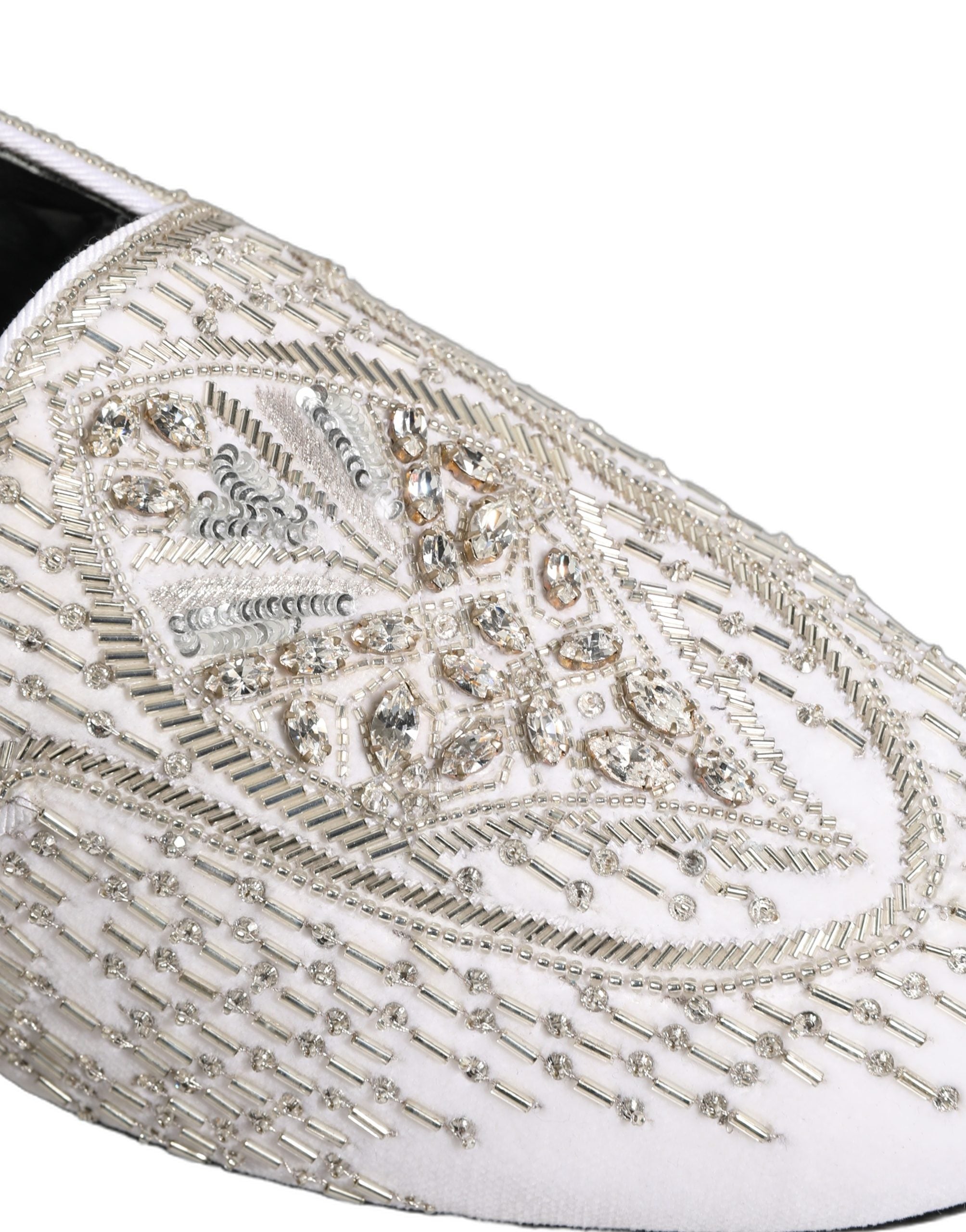 Dolce & Gabbana White Satin Embellished Dress Loafers Men's Shoes