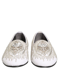 Dolce & Gabbana White Satin Embellished Dress Loafers Men's Shoes