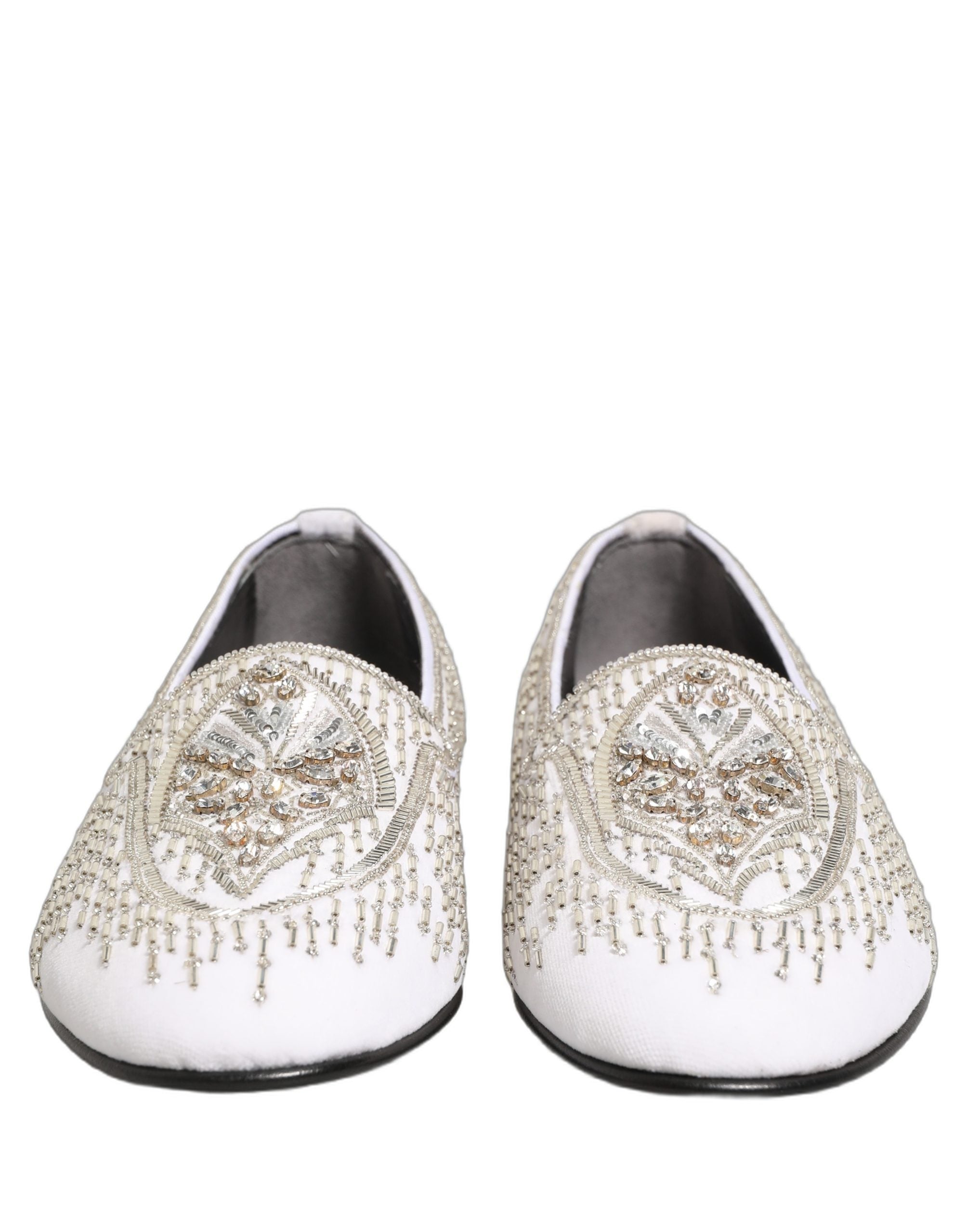 Dolce & Gabbana White Satin Embellished Dress Loafers Men's Shoes
