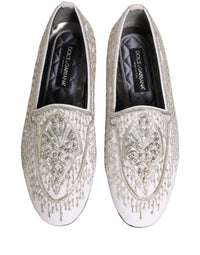 Dolce & Gabbana White Satin Embellished Dress Loafers Men's Shoes