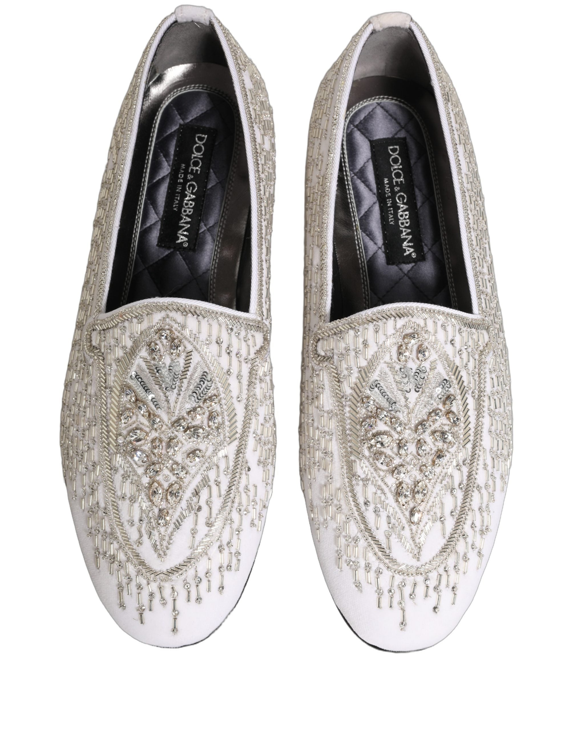 Dolce & Gabbana White Satin Embellished Dress Loafers Men's Shoes