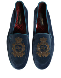 Dolce & Gabbana Blue Velvet Crown Embroidery Loafers Men's Shoes