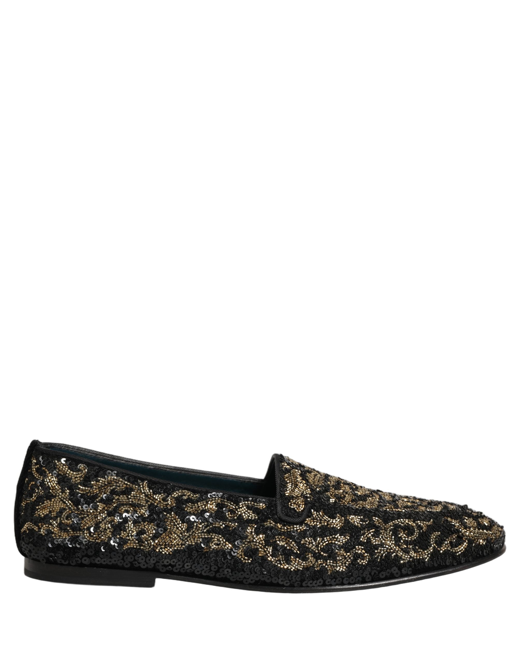 Dolce & Gabbana Black Gold Embellished Dress Loafers Men's Shoes