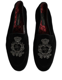 Dolce & Gabbana Black Velvet Crown Embroidery Loafers Men's Shoes