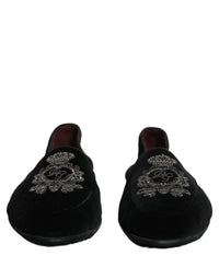 Dolce & Gabbana Black Velvet Crown Embroidery Loafers Men's Shoes