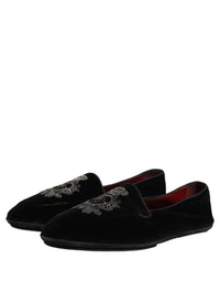Dolce & Gabbana Black Velvet Crown Embroidery Loafers Men's Shoes