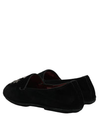 Dolce & Gabbana Black Velvet Crown Embroidery Loafers Men's Shoes